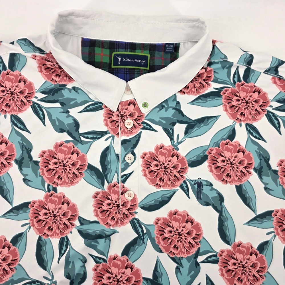 William Murray Golf Polo Shirt Mens XXL Pink Floral Carnation Short Sleeve White